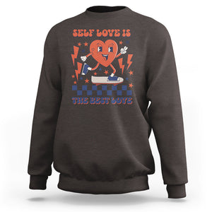 Self Love Sweatshirt Self-love is The Best Love Retro Groovy Heart Valentine's Day TS02 Dark Chocolate Printyourwear