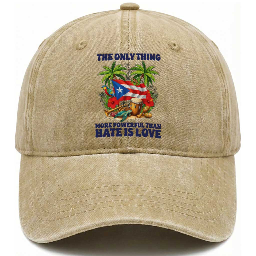 The Only Thing More Powerful Than Hate Is Love Puerto Rico Washed Cotton Baseball Cap Unity and Love Boricua Heritage Pride TS02 Print Your Wear