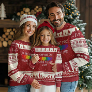 The Only Thing More Powerful Than Hate Is Love Ugly Christmas Sweater Rainbow Hearts Pride Unity Bunny Inspirational Quote TS02 Red Beige Print Your Wear