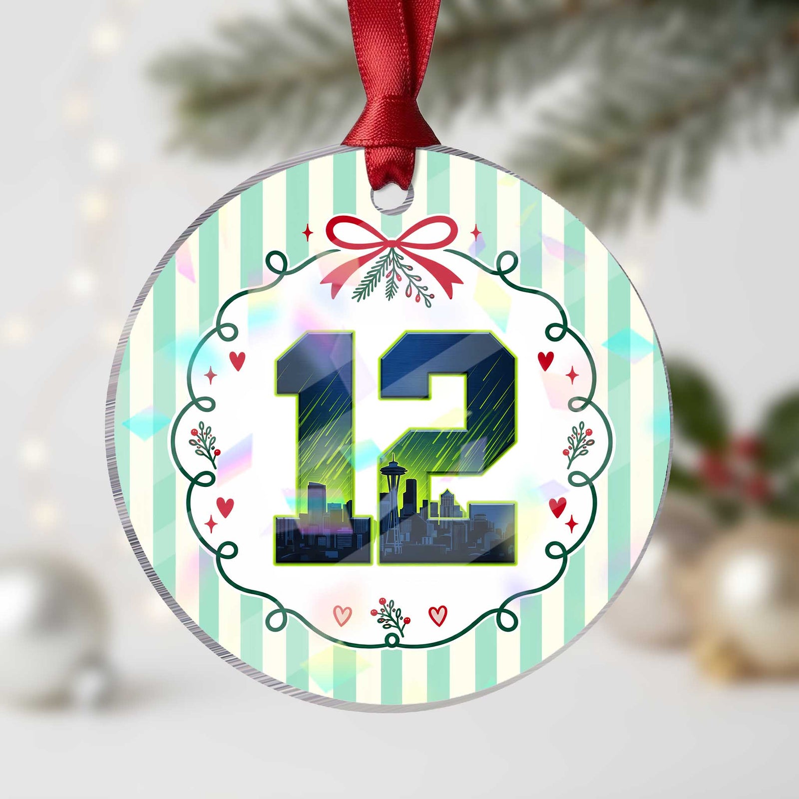 Seattle Skyline Number 12 Graphic Holographic Acrylic Ornament Pacific Northwest Emerald City Sports Fan Pride