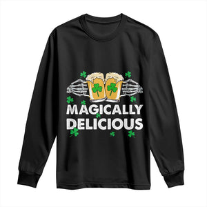 Funny St Patricks Day Drinking Long Sleeve Shirt Magically Delicious Beers Cheer Skeleton Hands TS02 Black Print Your Wear