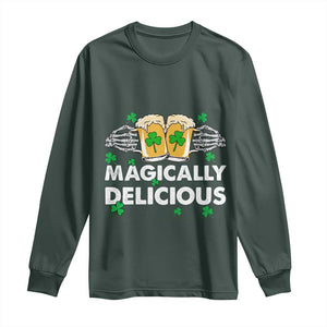 Funny St Patricks Day Drinking Long Sleeve Shirt Magically Delicious Beers Cheer Skeleton Hands TS02 Dark Forest Green Print Your Wear