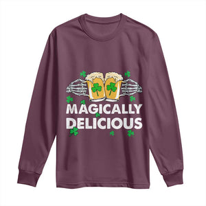 Funny St Patricks Day Drinking Long Sleeve Shirt Magically Delicious Beers Cheer Skeleton Hands TS02 Maroon Print Your Wear