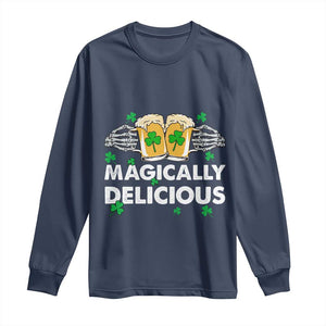 Funny St Patricks Day Drinking Long Sleeve Shirt Magically Delicious Beers Cheer Skeleton Hands TS02 Navy Print Your Wear