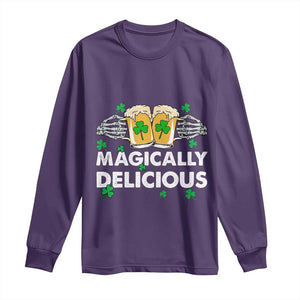 Funny St Patricks Day Drinking Long Sleeve Shirt Magically Delicious Beers Cheer Skeleton Hands TS02 Purple Print Your Wear