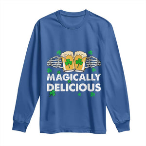 Funny St Patricks Day Drinking Long Sleeve Shirt Magically Delicious Beers Cheer Skeleton Hands TS02 Royal Blue Print Your Wear