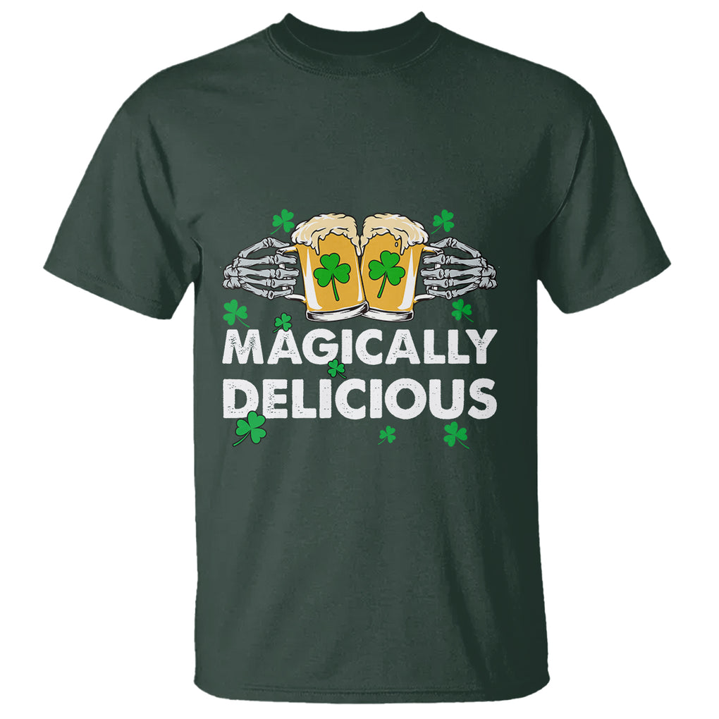 Funny St. Patricks Day Drinking T Shirt Magically Delicious Beers Cheer Skeleton Hands TS02 Dark Forest Green Printyourwear