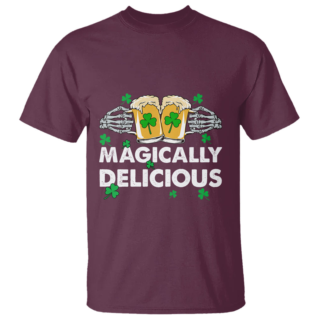 Funny St. Patricks Day Drinking T Shirt Magically Delicious Beers Cheer Skeleton Hands TS02 Maroon Printyourwear