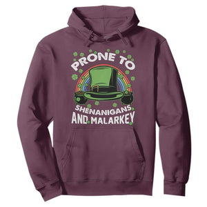 Funny St. Patricks Day Hoodie Prone To Shenanigans And Malarkey Leprechaun Hat Rainbow TS02 Maroon Printyourwear