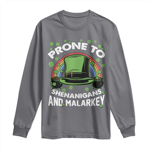 Funny St Patricks Day Long Sleeve Shirt Prone To Shenanigans And Malarkey Leprechaun Hat Rainbow TS02 Charcoal Print Your Wear