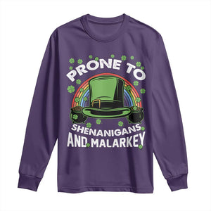 Funny St Patricks Day Long Sleeve Shirt Prone To Shenanigans And Malarkey Leprechaun Hat Rainbow TS02 Purple Print Your Wear