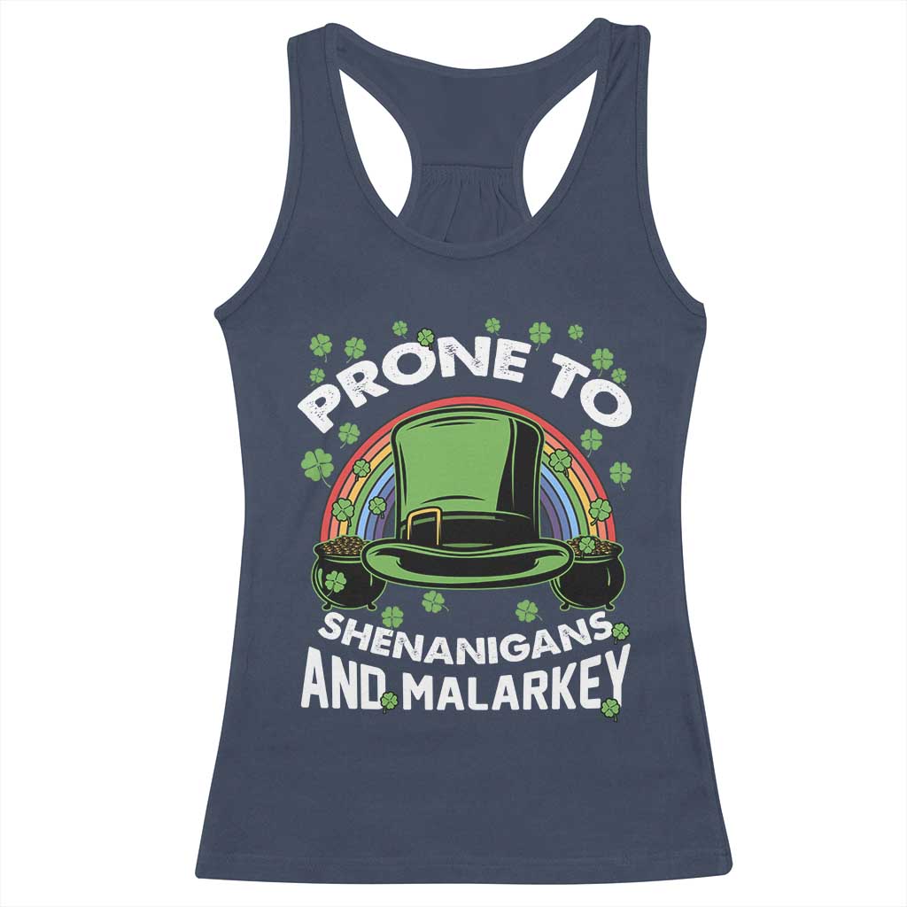 Funny St Patricks Day Racerback Tank Top Prone To Shenanigans And Malarkey Leprechaun Hat Rainbow TS02 Navy Print Your Wear