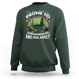 Funny St. Patricks Day Sweatshirt Prone To Shenanigans And Malarkey Leprechaun Hat Rainbow TS02 Dark Forest Green Printyourwear