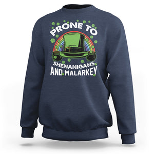 Funny St. Patricks Day Sweatshirt Prone To Shenanigans And Malarkey Leprechaun Hat Rainbow TS02 Navy Printyourwear