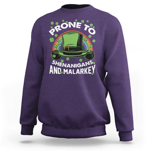 Funny St. Patricks Day Sweatshirt Prone To Shenanigans And Malarkey Leprechaun Hat Rainbow TS02 Purple Printyourwear