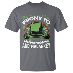 Funny St. Patricks Day T Shirt Prone To Shenanigans And Malarkey Leprechaun Hat Rainbow TS02 Charcoal Printyourwear