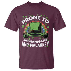 Funny St. Patricks Day T Shirt Prone To Shenanigans And Malarkey Leprechaun Hat Rainbow TS02 Maroon Printyourwear