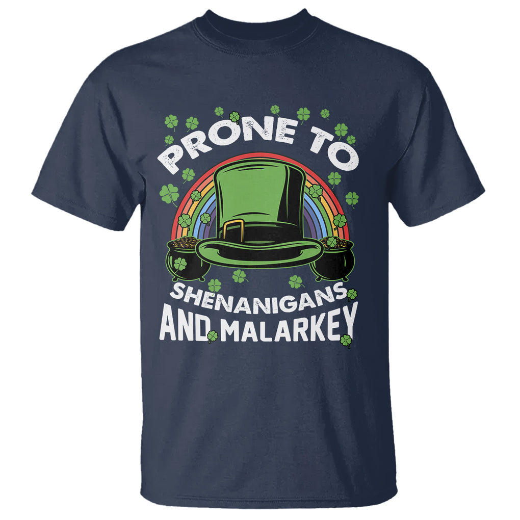 Funny St. Patricks Day T Shirt Prone To Shenanigans And Malarkey Leprechaun Hat Rainbow TS02 Navy Printyourwear