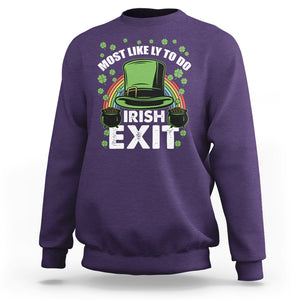 Funny St. Patricks Day Drinking Sweatshirt Most Likely To Do Irish Exit Leprechaun Hat Rainbow TS02 Purple Printyourwear