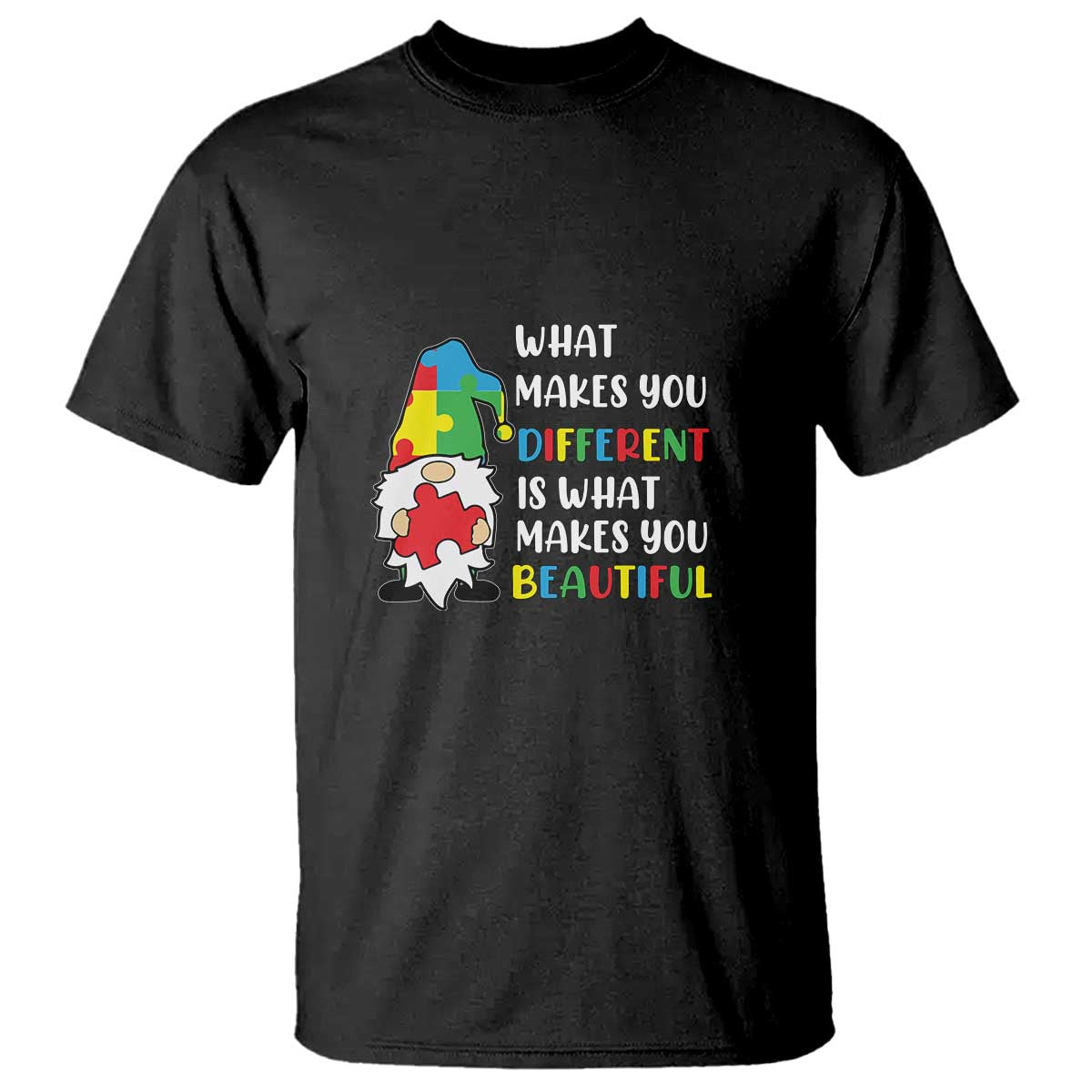 Autism Gnome T Shirt What Makes You Different Makes You Beautiful Puzzle Piece TS02 Black Printyourwear