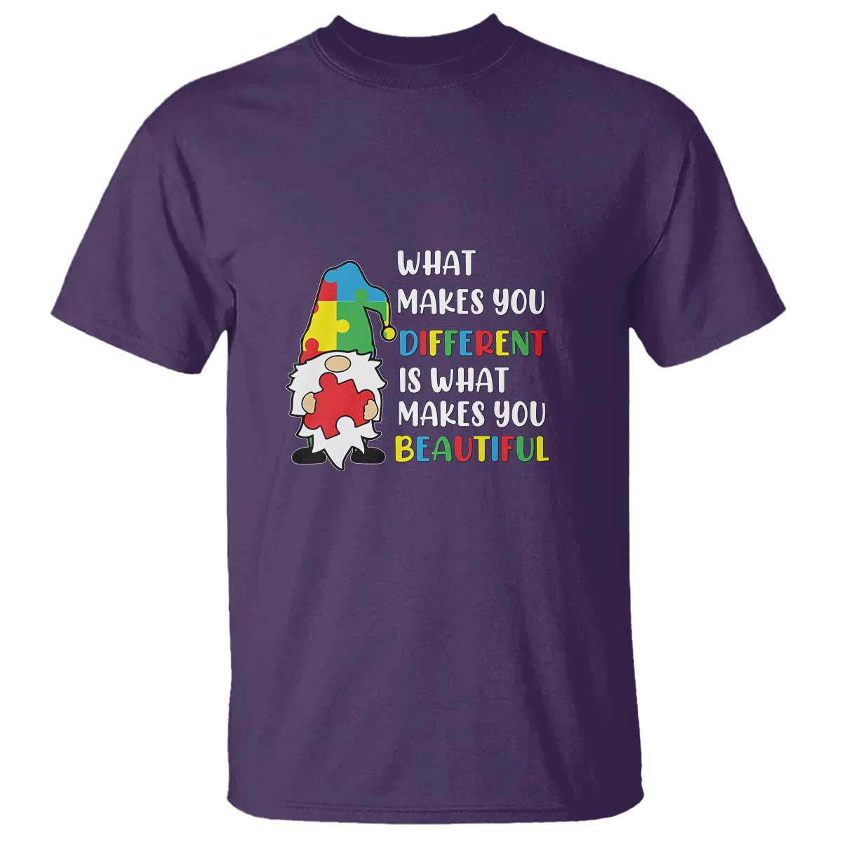 Autism Gnome T Shirt What Makes You Different Makes You Beautiful Puzzle Piece TS02 Purple Printyourwear