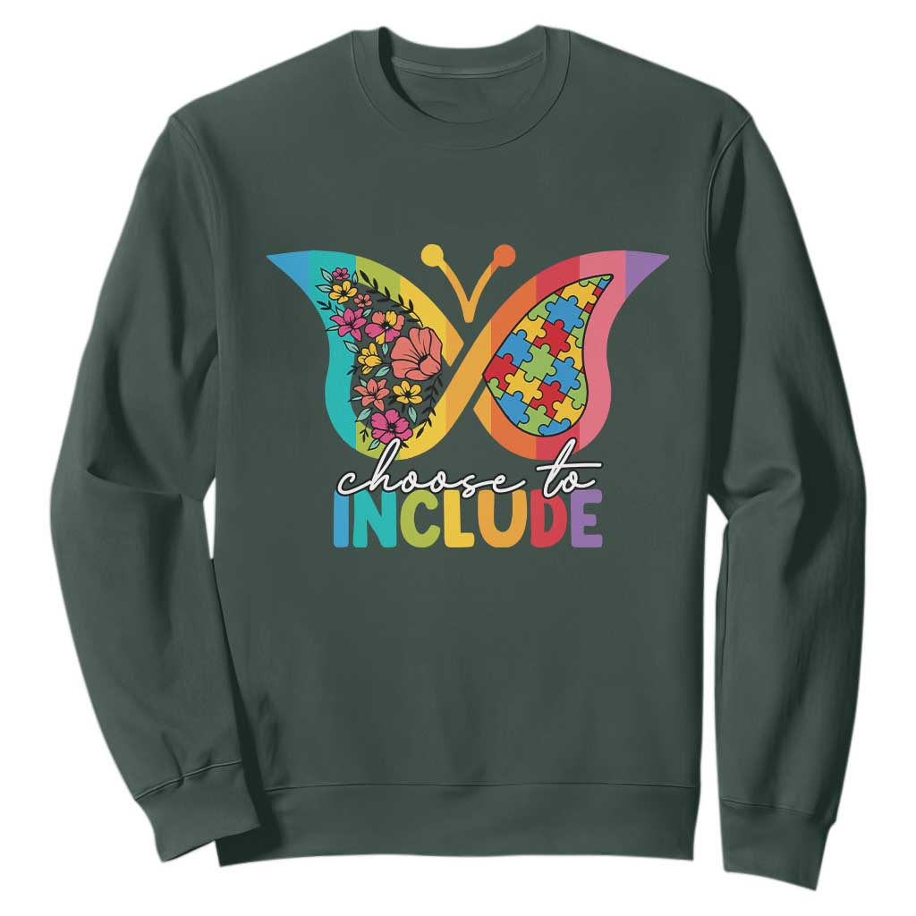 Autism Acceptance Sweatshirt Choose To Include Spectrum Neurodiversity Floral Butterfly TS02 Dark Forest Green Printyourwear