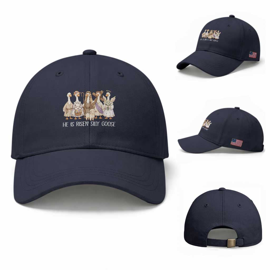 Funny Christian Easter He Is Risen Silly Goose Baseball Cap Cute Faith-Based Geese Parody Gift with Jesus TS02 Baseball Cap Universal Fit Navy Print Your Wear
