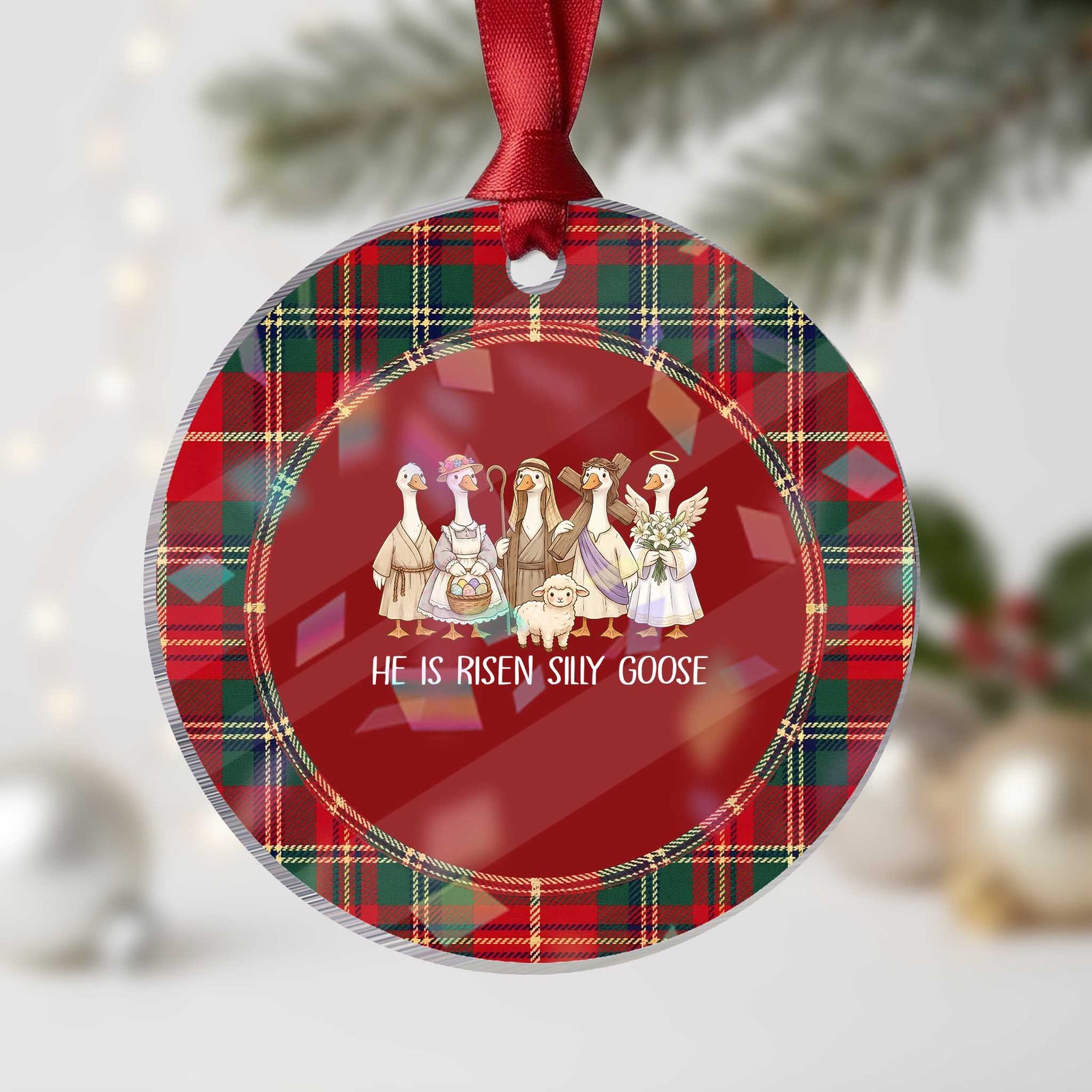 Funny Christian Easter He Is Risen Silly Goose Holographic Acrylic Ornament Cute Faith-Based Geese Parody Gift with Jesus