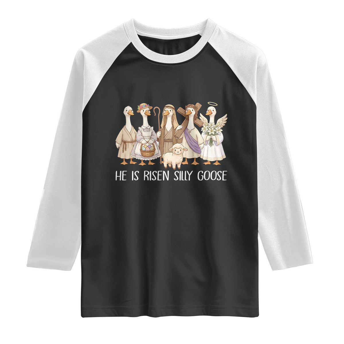 Funny Christian Easter He Is Risen Silly Goose Raglan Shirt Cute Faith-Based Geese Parody Gift with Jesus TS02 Black White Print Your Wear