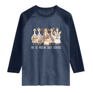 Funny Christian Easter He Is Risen Silly Goose Raglan Shirt Cute Faith-Based Geese Parody Gift with Jesus TS02 Heather Denim Navy Print Your Wear