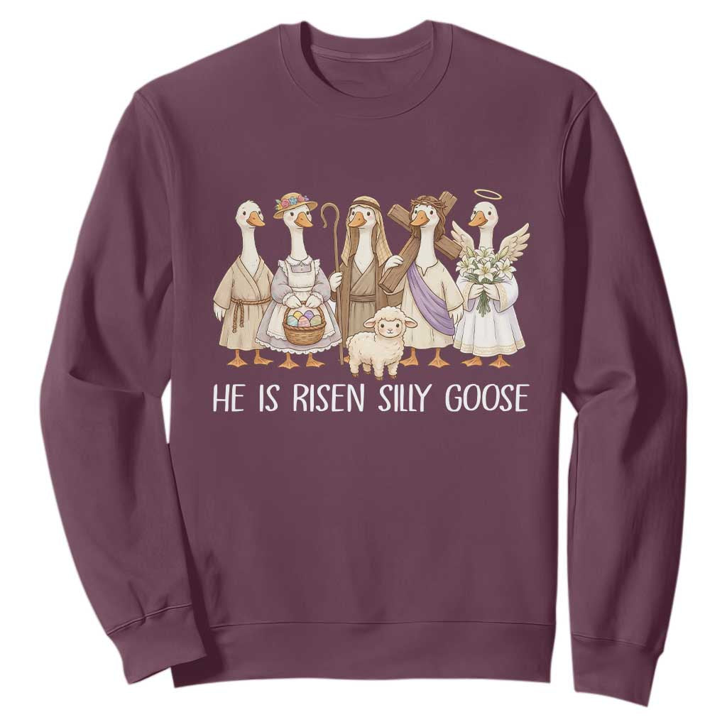 Funny Christian Easter He Is Risen Silly Goose Sweatshirt Cute Faith-Based Geese Parody Gift with Jesus TS02 Maroon Print Your Wear