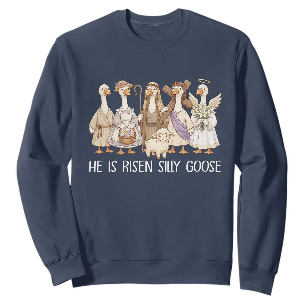 Funny Christian Easter He Is Risen Silly Goose Sweatshirt Cute Faith-Based Geese Parody Gift with Jesus TS02 Navy Print Your Wear