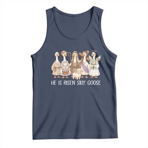 Funny Christian Easter He Is Risen Silly Goose Tank Top Cute Faith-Based Geese Parody Gift with Jesus TS02 Navy Print Your Wear
