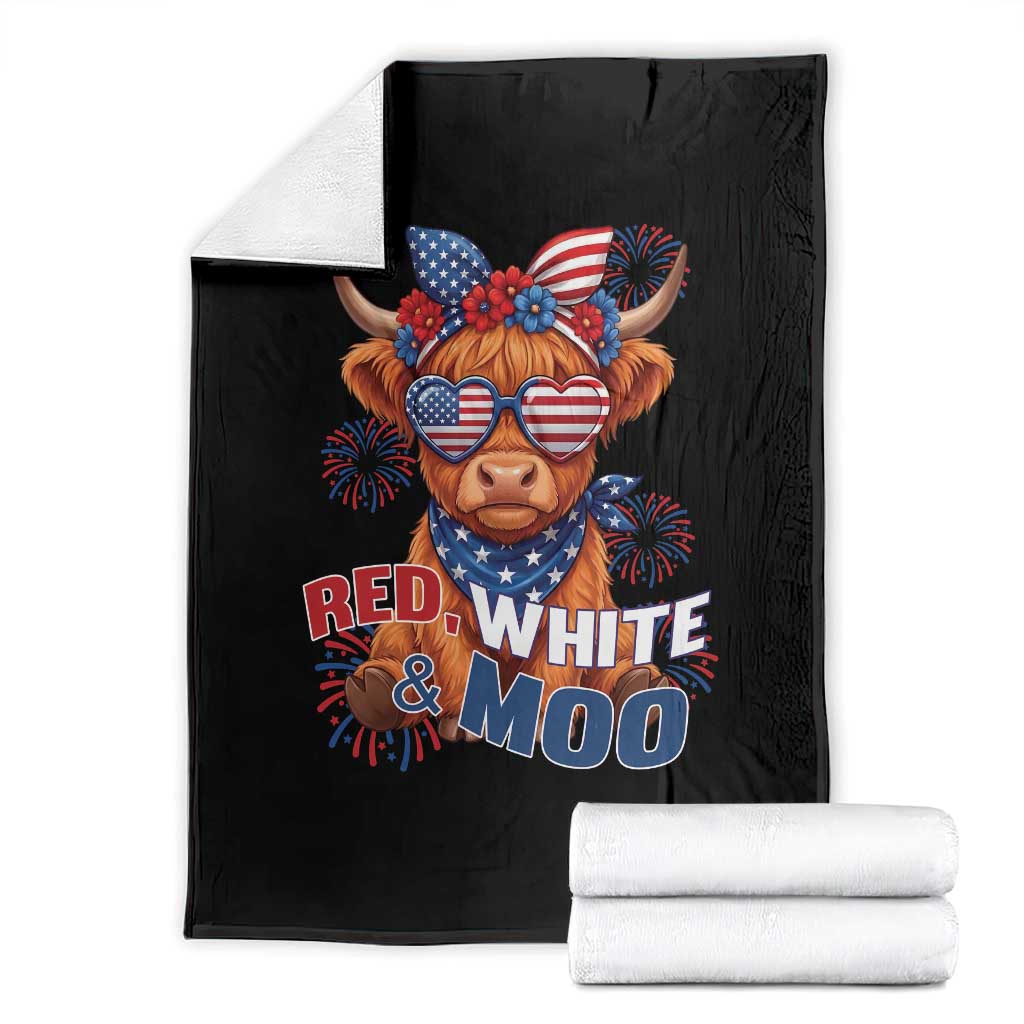 Red White and Moo Funny Patriotic Highland Cow Throw Blanket Cute American Flag Sunglasses and Bandana Summer Fireworks TS02 Black Print Your Wear