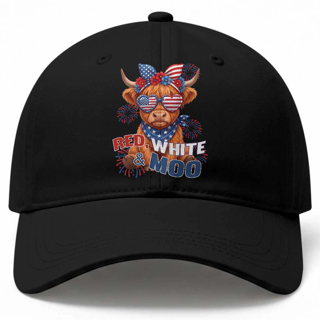 Red White and Moo Funny Patriotic Highland Cow Baseball Cap Cute American Flag Sunglasses and Bandana Summer Fireworks TS02 Print Your Wear
