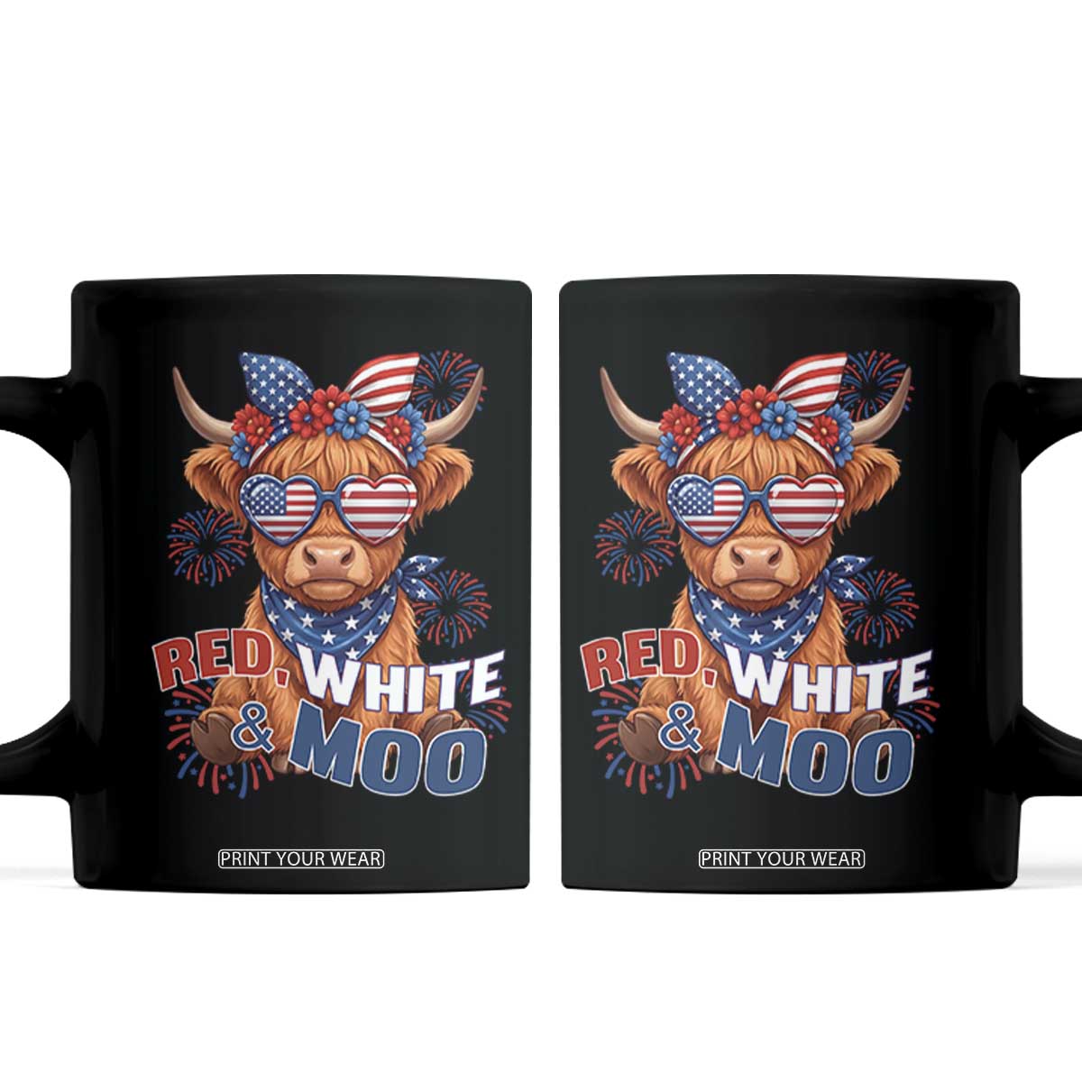 Red White and Moo Funny Patriotic Highland Cow Coffee Mug Cute American Flag Sunglasses and Bandana Summer Fireworks TS02 Black Print Your Wear