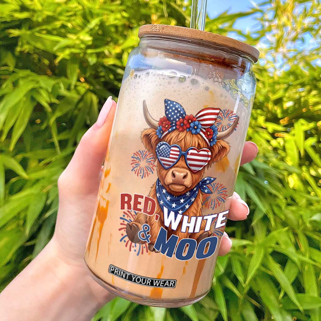 Red White and Moo Funny Patriotic Highland Cow Glass Can Cute American Flag Sunglasses and Bandana Summer Fireworks TS02 Black Print Your Wear