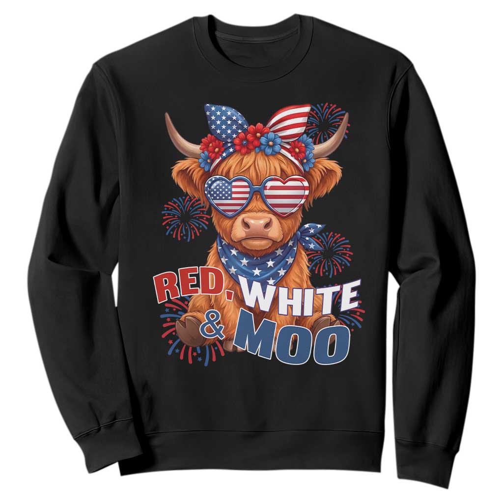Red White and Moo Funny Patriotic Highland Cow Sweatshirt Cute American Flag Sunglasses and Bandana Summer Fireworks TS02 Black Print Your Wear