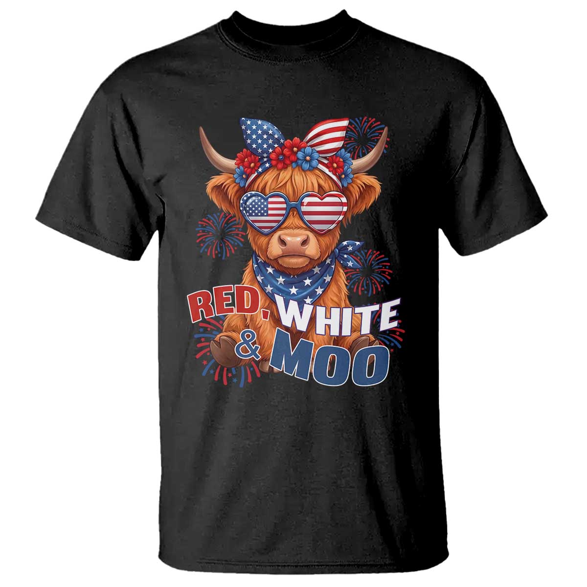 Red White and Moo Funny Patriotic Highland Cow T Shirt Cute American Flag Sunglasses and Bandana Summer Fireworks TS02 Black Print Your Wear