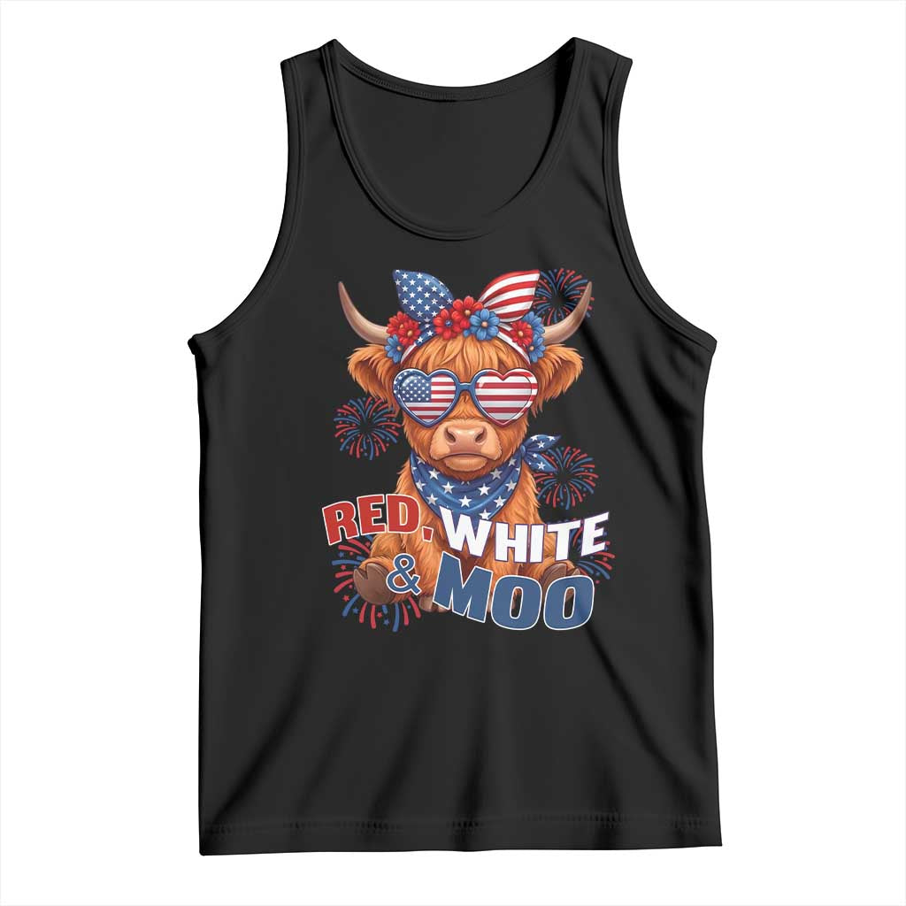 Red White and Moo Funny Patriotic Highland Cow Tank Top Cute American Flag Sunglasses and Bandana Summer Fireworks TS02 Black Print Your Wear