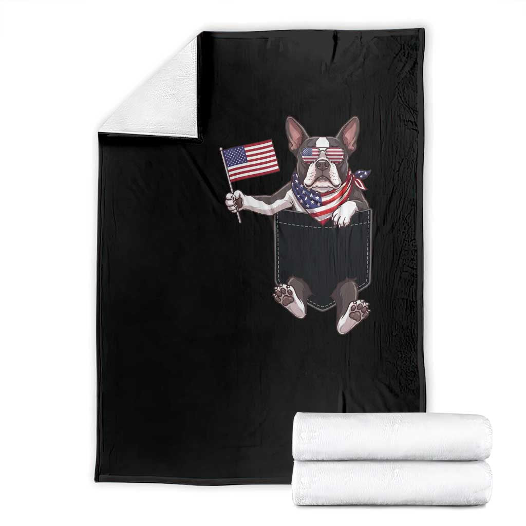 Funny Patriotic French Bulldog in Pocket Graphic Throw Blanket Cute Frenchie Waving US Flag Sunglasses Faux Summer TS02 Black Print Your Wear