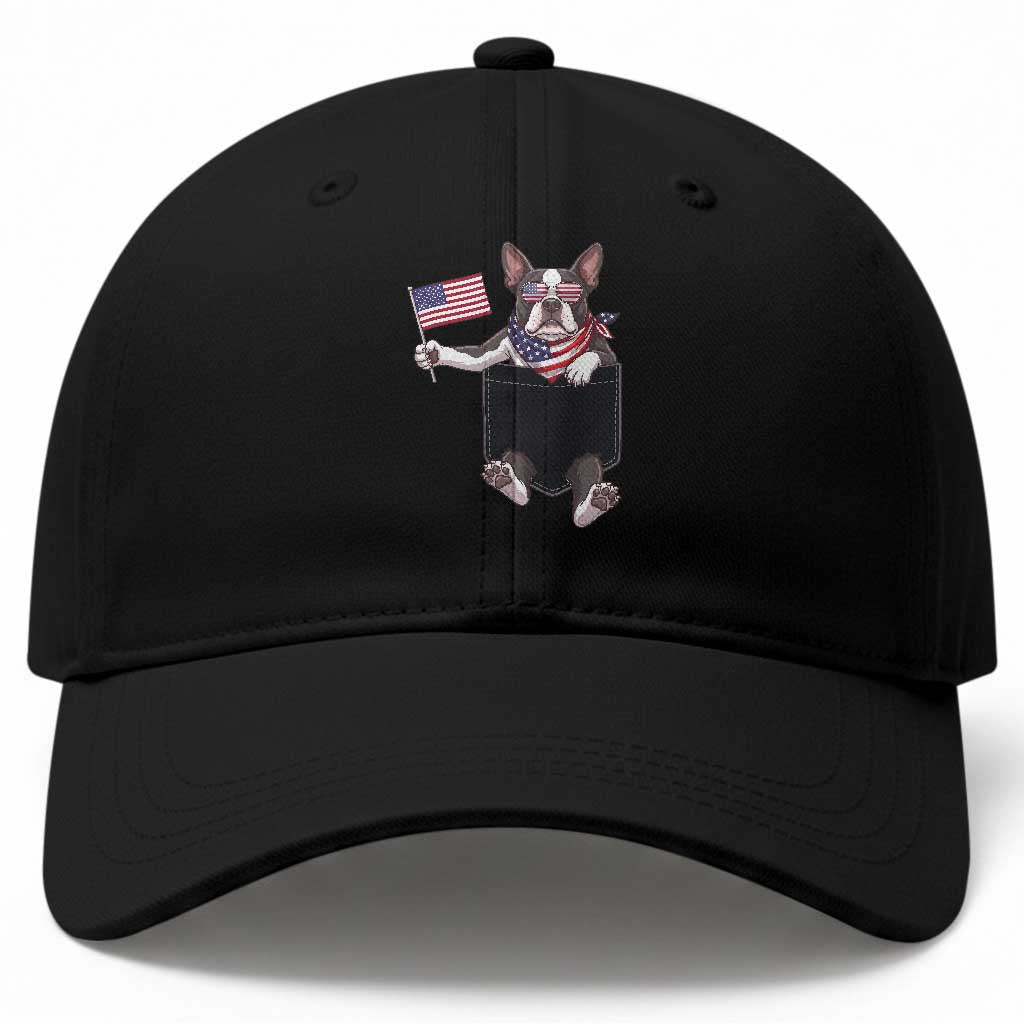Funny Patriotic French Bulldog in Pocket Graphic Baseball Cap Cute Frenchie Waving US Flag Sunglasses Faux Summer TS02 Print Your Wear