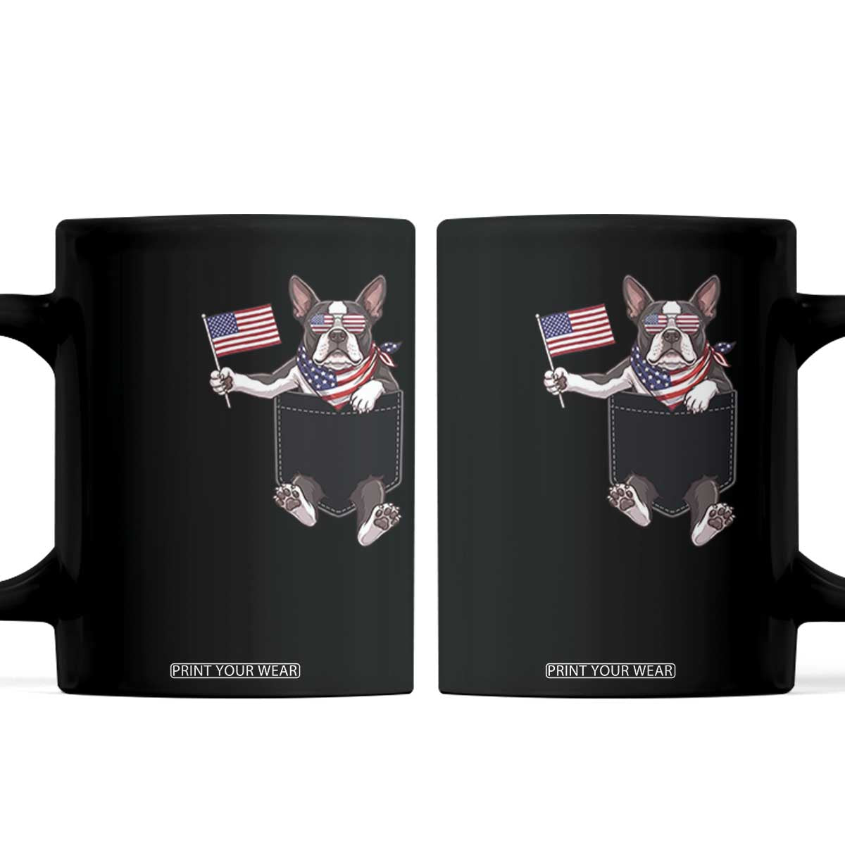 Funny Patriotic French Bulldog in Pocket Graphic Coffee Mug Cute Frenchie Waving US Flag Sunglasses Faux Summer TS02 Black Print Your Wear