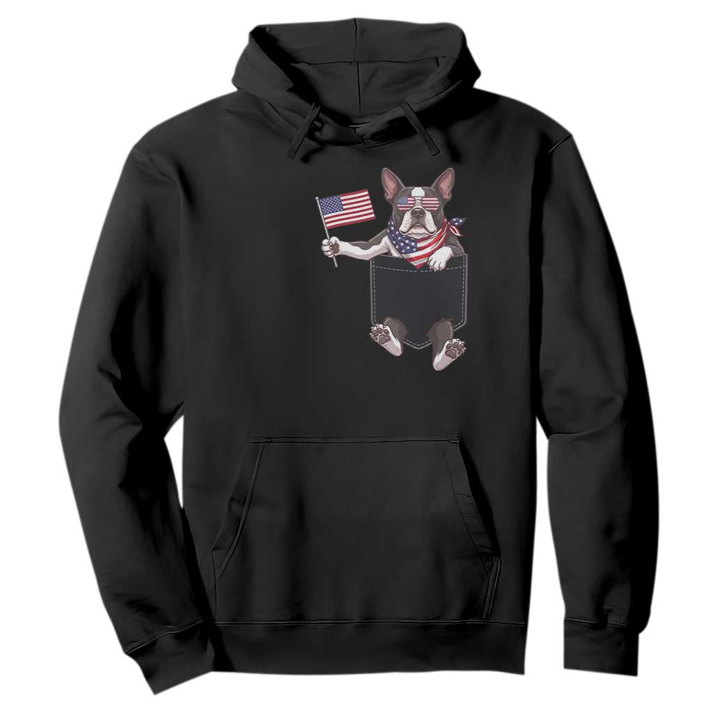 Funny Patriotic French Bulldog in Pocket Graphic Hoodie Cute Frenchie Waving US Flag Sunglasses Faux Summer TS02 Black Print Your Wear