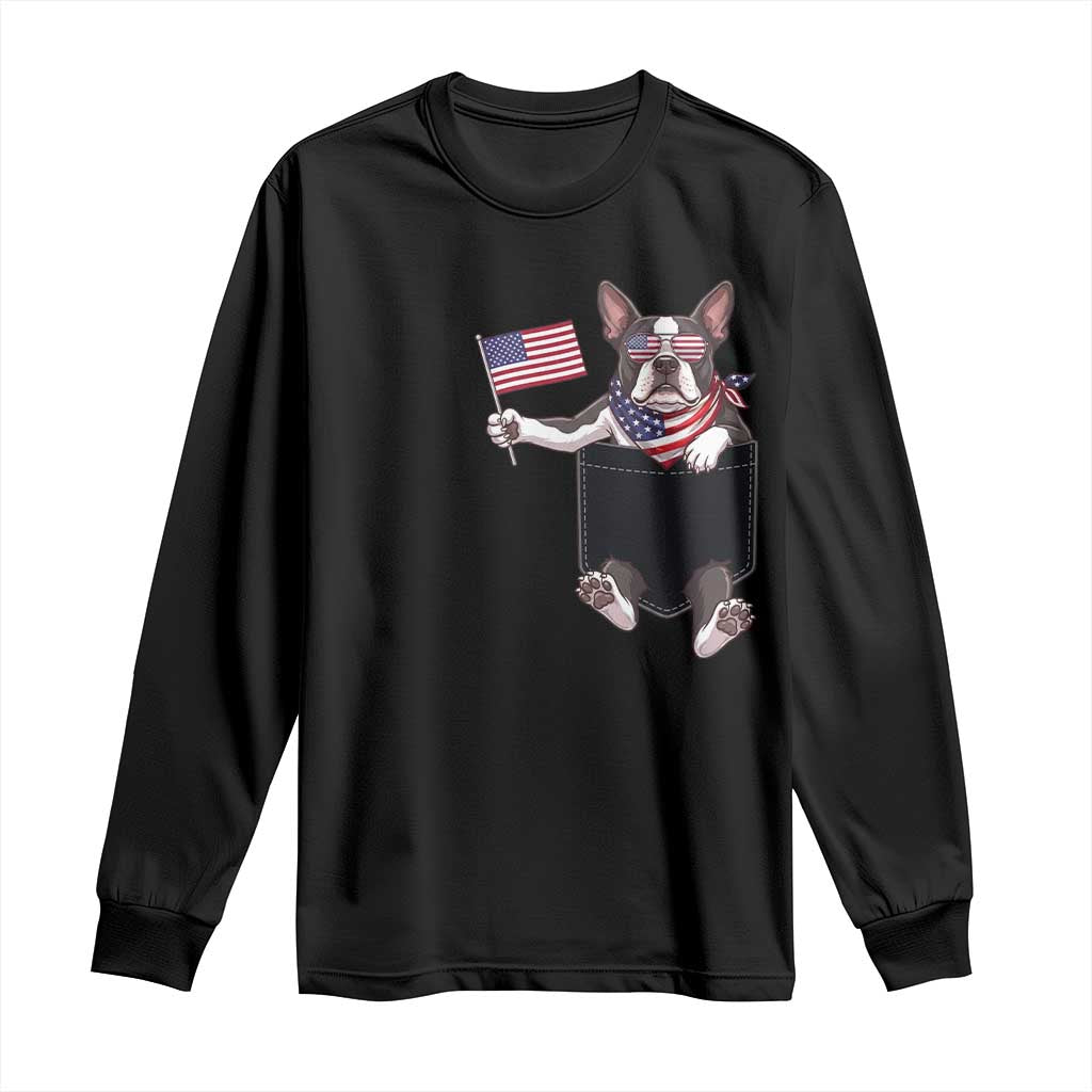 Funny Patriotic French Bulldog in Pocket Graphic Long Sleeve Shirt Cute Frenchie Waving US Flag Sunglasses Faux Summer TS02 Black Print Your Wear