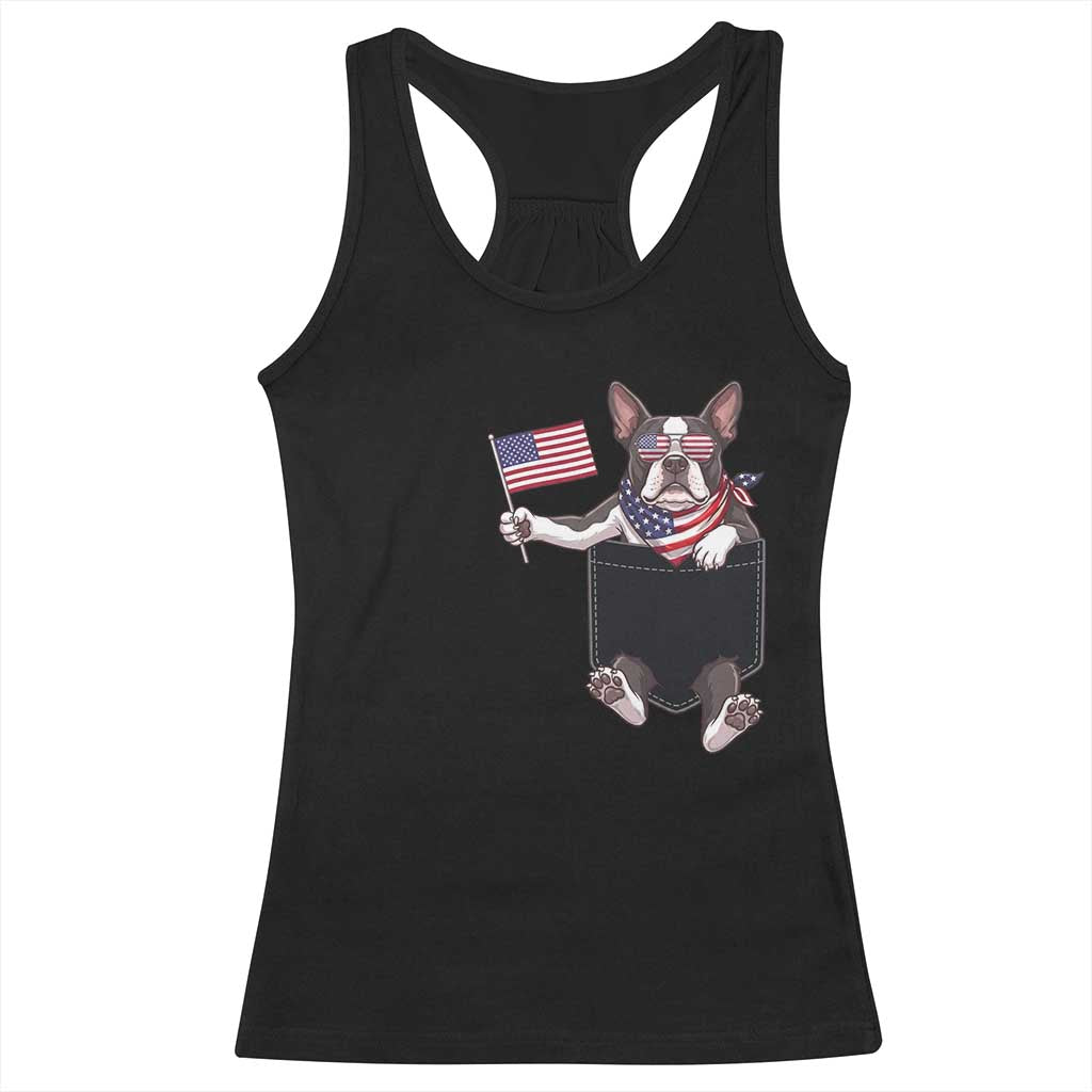 Funny Patriotic French Bulldog in Pocket Graphic Racerback Tank Top Cute Frenchie Waving US Flag Sunglasses Faux Summer TS02 Black Print Your Wear