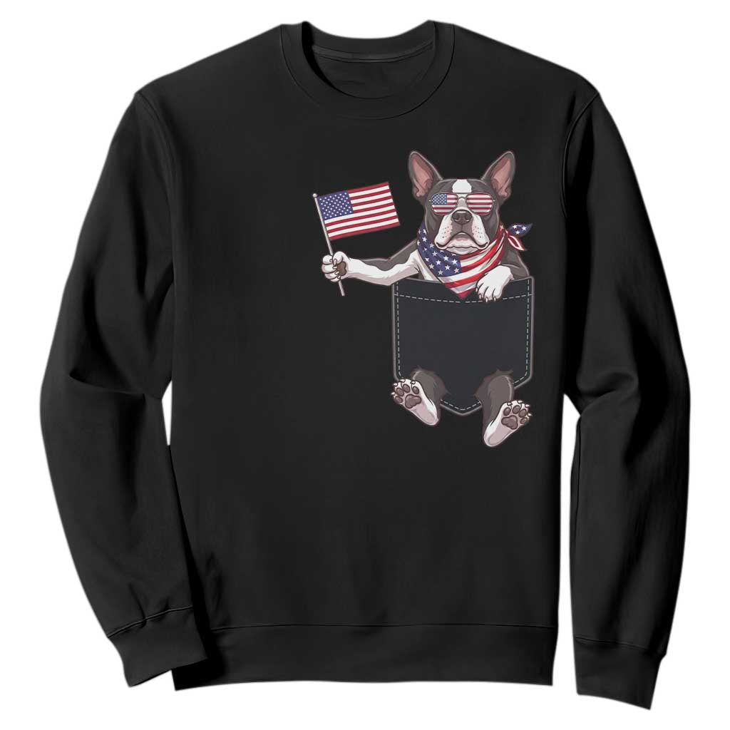 Funny Patriotic French Bulldog in Pocket Graphic Sweatshirt Cute Frenchie Waving US Flag Sunglasses Faux Summer TS02 Black Print Your Wear