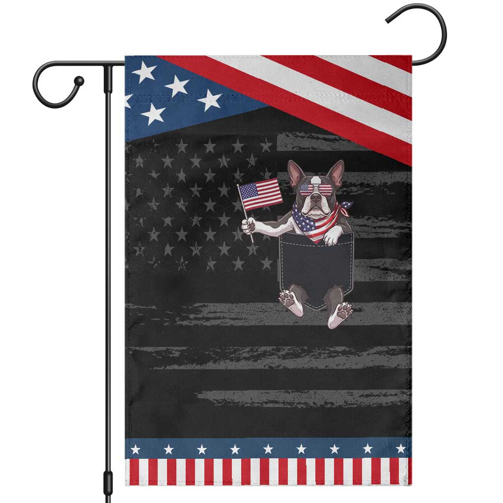 Funny French Bulldog in Pocket Graphic Patriotic Garden Flag Cute Frenchie Waving US Flag Sunglasses Faux Summer TS02 Distressed Black Blue Print Your Wear