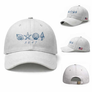 8647 Sea Shells Starfish Vintage Coastal Blue Line Graphic Baseball Cap Coded Political Satire TS02 Baseball Cap Universal Fit White Print Your Wear