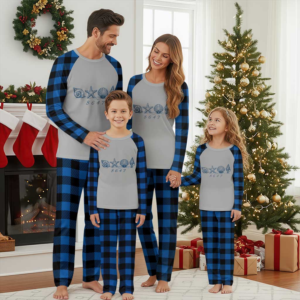 8647 Sea Shells Starfish Vintage Coastal Blue Line Graphic Plaid Pajama Set Coded Political Satire TS02 Blue Plaid Print Your Wear